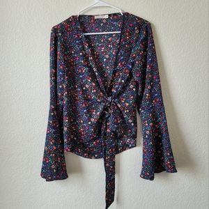 Colorful Floral Bell Sleeve Wrap Top Size Medium